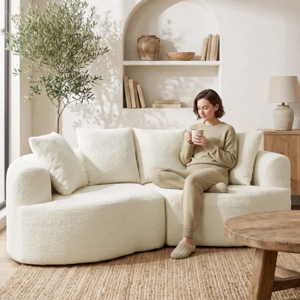 Sofa 3 zits 207 Cm Cloud Sofa Met Chenille look, 4 Sierkussens Voor Slaapkamer, Montage Zonder Gereedschap, Crèmewit