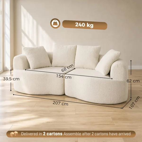 Sofa 3 zits 207 Cm Cloud Sofa Met Chenille look, 4 Sierkussens Voor Slaapkamer, Montage Zonder Gereedschap, Crèmewit