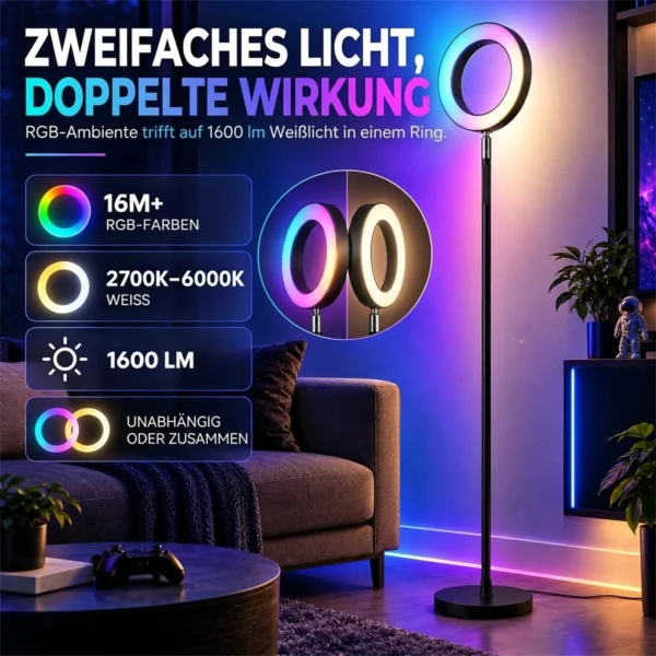 Staande Lamp 42W LED Dimbaar 3 Kleurtemperaturen Plafondschijnwerper Verstelbare Ringkop Zwart