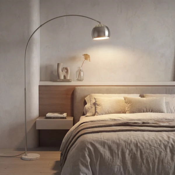 Staande Lamp, Boog ontwerp Met Marmeren Voet, 167 Cm, Zilver