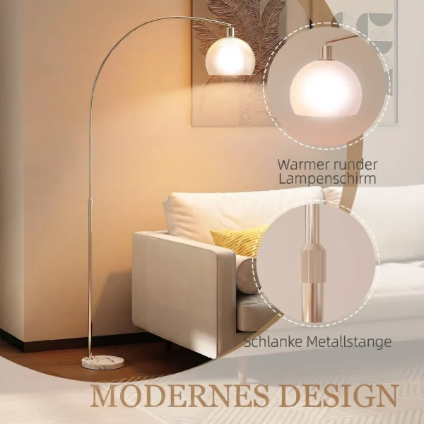 Staande Lamp, Gebogen Hoofd, Voetschakelaar, Marmeren Basis, Kunststof Kap, Wit