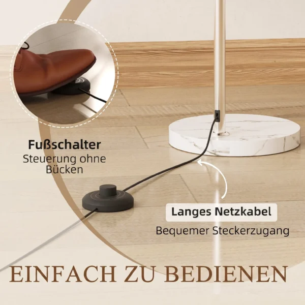 Staande Lamp, Gebogen Hoofd, Voetschakelaar, Marmeren Basis, Kunststof Kap, Wit