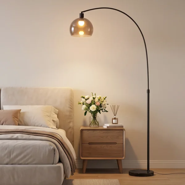 Staande Lamp, Gebogen Kop, Voetschakelaar, Marmeren Voet, Kunststof Kap, Grijs