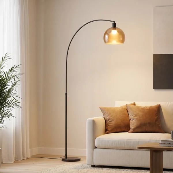 Staande Lamp, Gebogen Kop, Voetschakelaar, Marmeren Voet, Kunststof Kap, Grijs