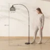 Staande Lamp, Gebogen Kop, Voetschakelaar, Marmeren Voet, Kunststof Kap, Grijs