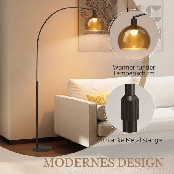 Staande Lamp, Gebogen Kop, Voetschakelaar, Marmeren Voet, Kunststof Kap, Grijs