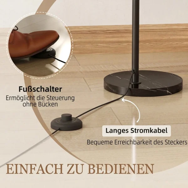 Staande Lamp, Gebogen Kop, Voetschakelaar, Marmeren Voet, Kunststof Kap, Grijs