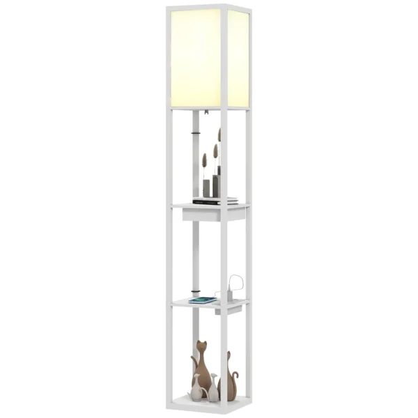 Staande Lamp Met 3 laags Rek, Voetschakelaar, USB aansluitingen, MDF, Wit