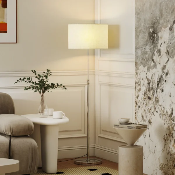 Staande Lamp Met Afstandsbediening, In Hoogte Verstelbaar, Stoffen Kap, Metalen Standaard, Aanpasbare Helderheid, Voetschakelaar, Beige