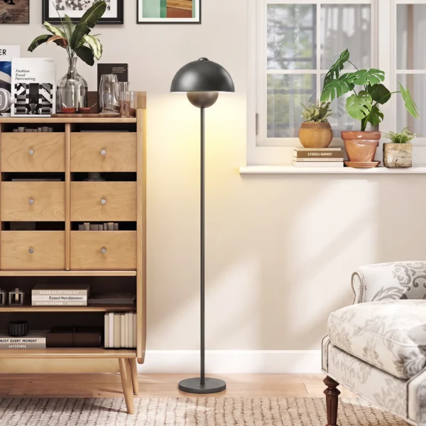 Staande Lamp, Ronde Kap, Voetschakelaar, Lang Snoer, Elegante Uitstraling, Metaal, Grijs