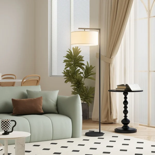 Staande Lamp, Vloerlamp, E27 Fitting, Zwart, Witte Stoffen Kap, Voetschakelaar, Ijzer, 47 X 37 X 153 Cm