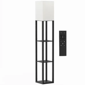 Stehlampe Mit Ablagen, Moderne Dimmbare Standlampe Mit Stoffschirm, Einstellbarer Farbtemperatur, Schwarz