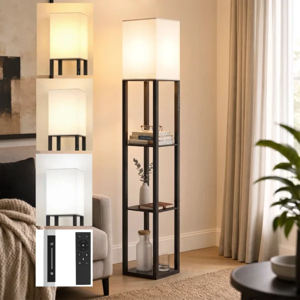 Stehlampe Mit Ablagen, Moderne Dimmbare Standlampe Mit Stoffschirm, Einstellbarer Farbtemperatur, Schwarz