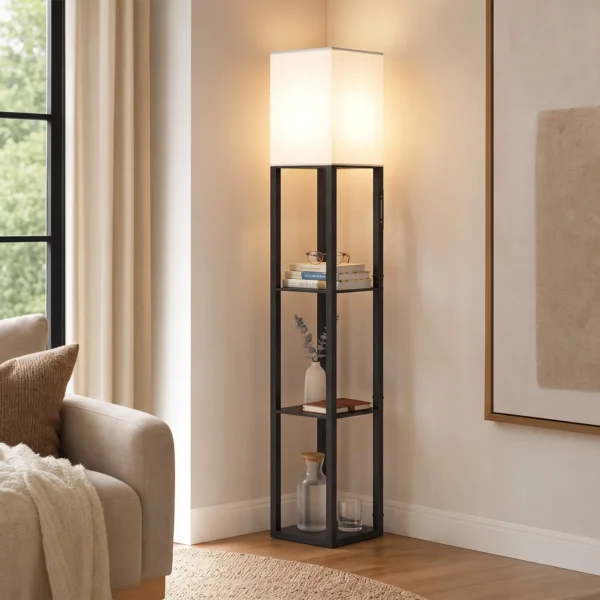 Stehlampe Mit Ablagen, Moderne Dimmbare Standlampe Mit Stoffschirm, Einstellbarer Farbtemperatur, Schwarz