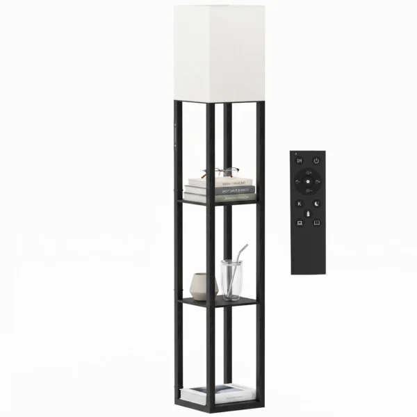 Stehlampe Mit Ablagen, Moderne Dimmbare Standlampe Mit Stoffschirm, Einstellbarer Farbtemperatur, Schwarz