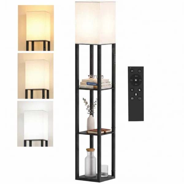 Stehlampe Mit Ablagen, Moderne Dimmbare Standlampe Mit Stoffschirm, Einstellbarer Farbtemperatur, Schwarz