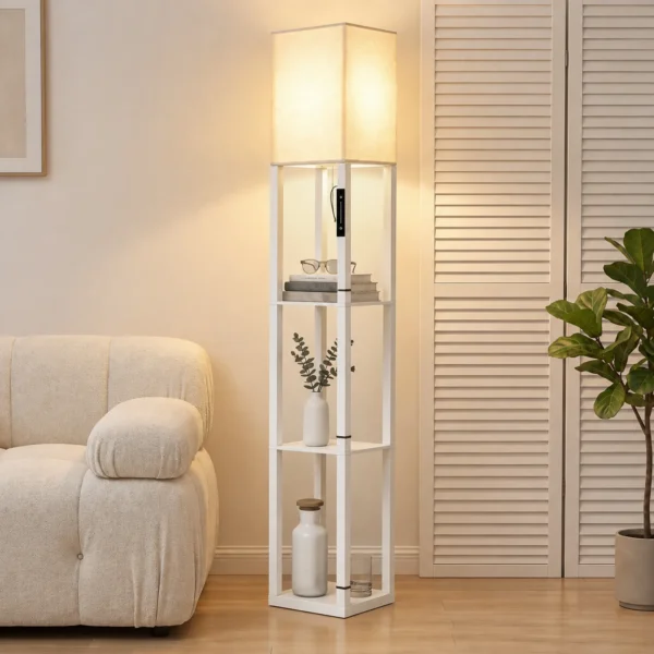 Stehlampe Mit Ablagen, Moderne Dimmbare Standlampe Mit Stoffschirm, Einstellbarer Farbtemperatur, Weiß