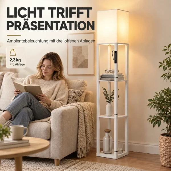 Stehlampe Mit Ablagen, Moderne Dimmbare Standlampe Mit Stoffschirm, Einstellbarer Farbtemperatur, Weiß