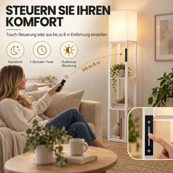 Stehlampe Mit Ablagen, Moderne Dimmbare Standlampe Mit Stoffschirm, Einstellbarer Farbtemperatur, Weiß