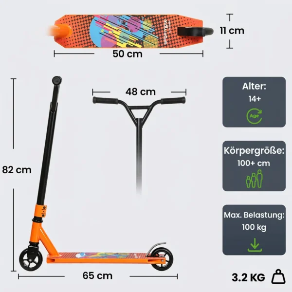 Stuntstep Voor Volwassenen & Tieners, Trickstep Met 100 Mm PU wielen, 360° Stalen Y stuur, Aluminium Deck, ABEC 7, Oranje