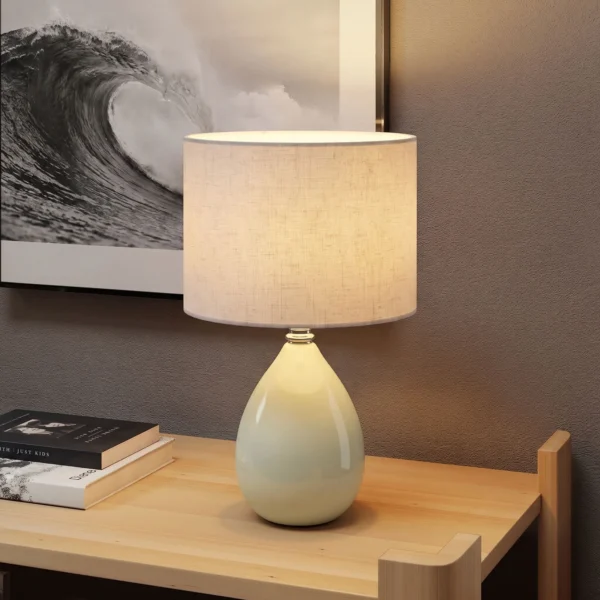 Tafellamp, Vintage Nachtkastlamp Bureaulamp Met Keramische Voet, Linnenkap Kabel, E27 Fitting
