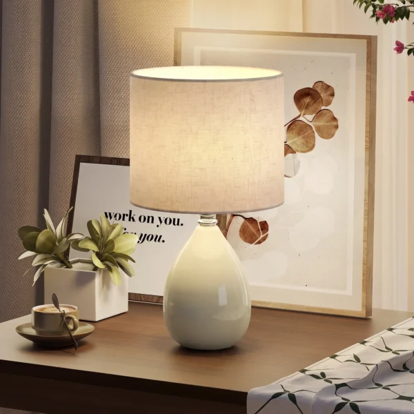 Tafellamp, Vintage Nachtkastlamp Bureaulamp Met Keramische Voet, Linnenkap Kabel, E27 Fitting