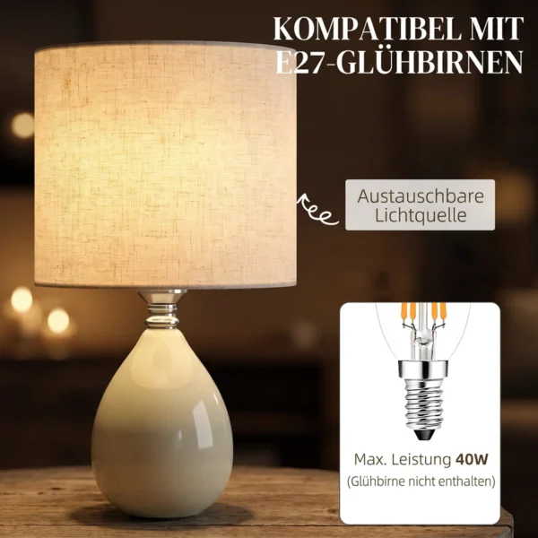 Tafellamp, Vintage Nachtkastlamp Bureaulamp Met Keramische Voet, Linnenkap Kabel, E27 Fitting