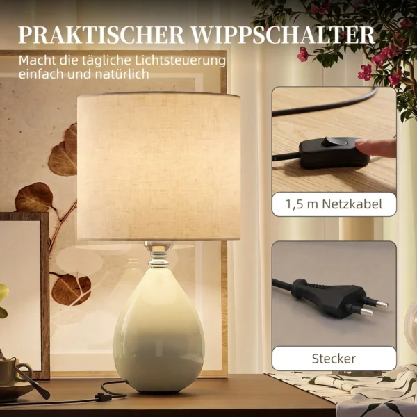 Tafellamp, Vintage Nachtkastlamp Bureaulamp Met Keramische Voet, Linnenkap Kabel, E27 Fitting