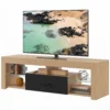 TV Lowboard Voor Televisies Tot 65 Inch, Moderne TV kast Met Verstelbare Glazen Planken, Eiken