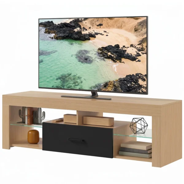 TV Lowboard Voor Televisies Tot 65 Inch, Moderne TV kast Met Verstelbare Glazen Planken, Eiken