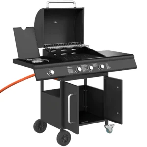 Verrijdbare Gasbarbecue Met Opbergruimte, Zijtafel, Zijbrander, Warmhoudrooster, Thermometer, Roestvrij Staal, Zwart