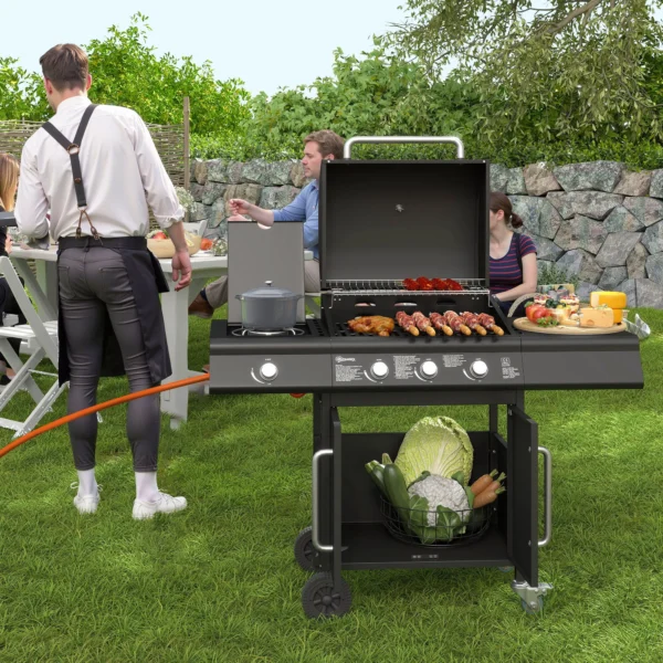 Verrijdbare Gasbarbecue Met Opbergruimte, Zijtafel, Zijbrander, Warmhoudrooster, Thermometer, Roestvrij Staal, Zwart