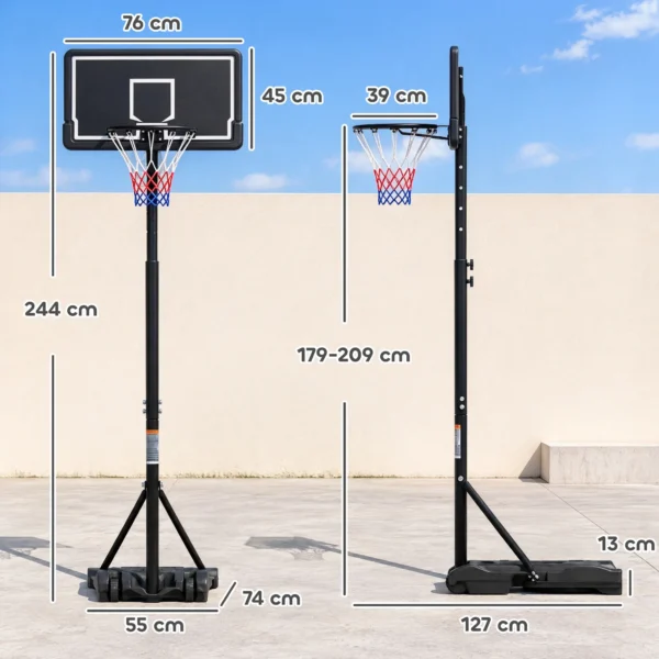 Verstelbare Basketbalring Voor Kinderen 179 209 Cm Mobiele Basketbalstandaard Met Wielen 76 X 45 Cm Achterwand Kan Worden Gevuld