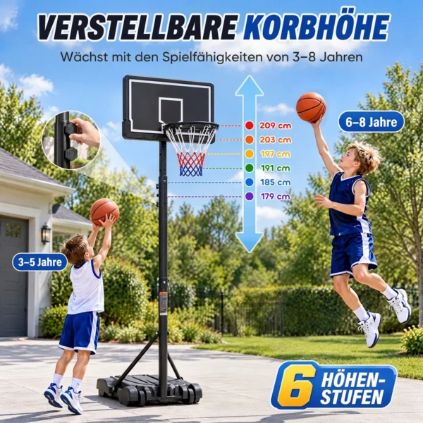 Verstelbare Basketbalring Voor Kinderen 179 209 Cm Mobiele Basketbalstandaard Met Wielen 76 X 45 Cm Achterwand Kan Worden Gevuld