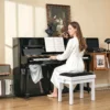 Verstelbare Piano Bank Kruk Met Gevoerd Kussen, Velvet Look, Rubberhouten Poten Wit