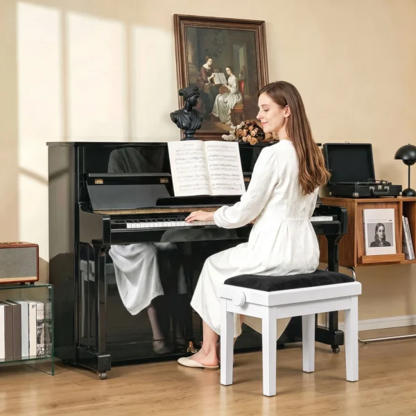 Verstelbare Piano Bank Kruk Met Gevoerd Kussen, Velvet Look, Rubberhouten Poten Wit