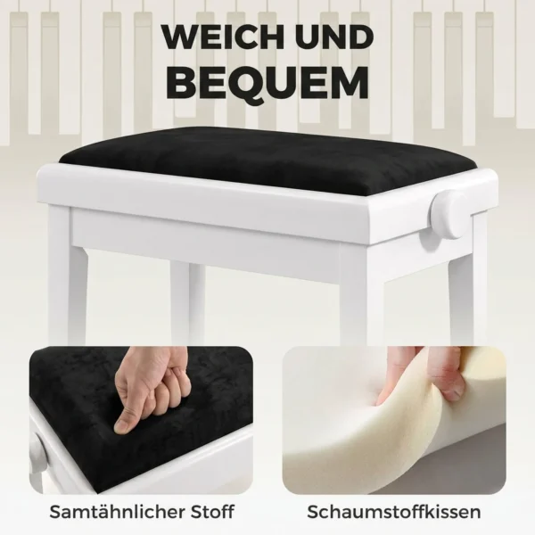 Verstelbare Piano Bank Kruk Met Gevoerd Kussen, Velvet Look, Rubberhouten Poten Wit