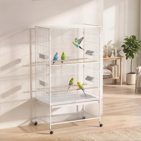 Vogelkäfig Inklusive Sitzstangen, Vogelspielzeug, Herausnehmbare Bodenwanne, 1 Ablage, Weiß
