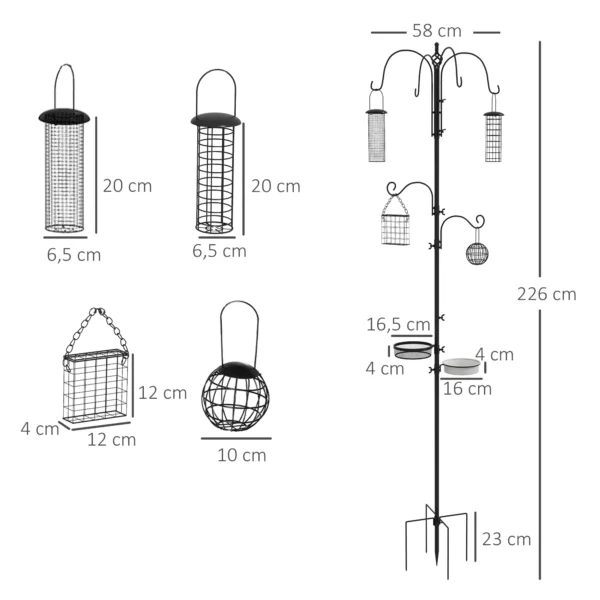 Vogelvoederstation 226 Cm Vogelvoederstation Met 6 Haken, 4 Hangende Voederautomaten Grondpen, Vrijstaand