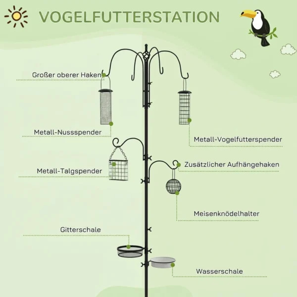 Vogelvoederstation 226 Cm Vogelvoederstation Met 6 Haken, 4 Hangende Voederautomaten Grondpen, Vrijstaand