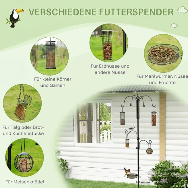 Vogelvoederstation 226 Cm Vogelvoederstation Met 6 Haken, 4 Hangende Voederautomaten Grondpen, Vrijstaand