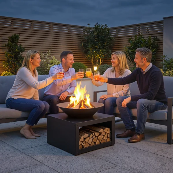 Vuurkorf Ø59 Cm Met Houtopslag, Pook, Bruikbaar Voor Hout & Kolen, Rond Zwart