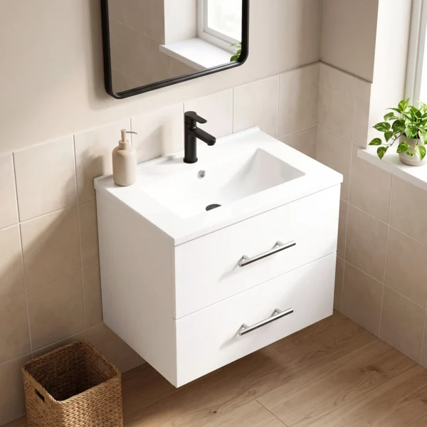 Wandmontage Badkamer Onderkast Met Keramische Wastafel 60 Cm Wit
