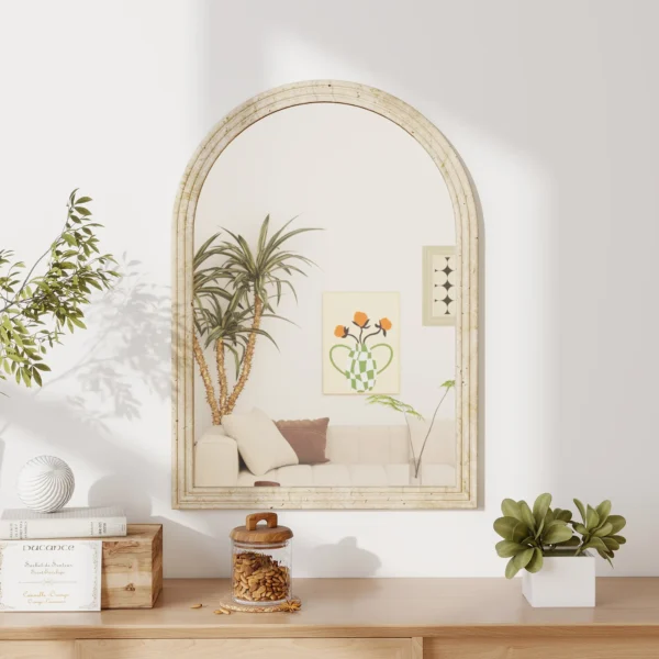 Wandspiegel Boogvormige Spiegel Met Polystyreen Frame Decoratieve Hangspiegel 50 X 70 Cm Beige