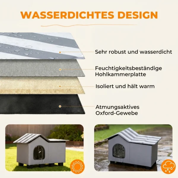 Waterafstotend Kattenhuis Met Afneembaar Zadeldak, Warmte isolerend Platform 70x43x45 Cm, Oxfordstof Grijs