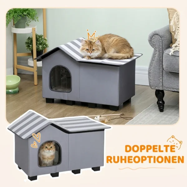 Waterafstotend Kattenhuis Met Afneembaar Zadeldak, Warmte isolerend Platform 70x43x45 Cm, Oxfordstof Grijs