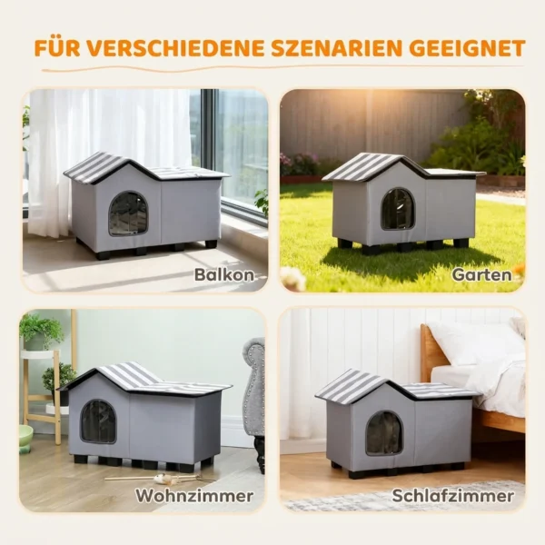 Waterafstotend Kattenhuis Met Afneembaar Zadeldak, Warmte isolerend Platform 70x43x45 Cm, Oxfordstof Grijs