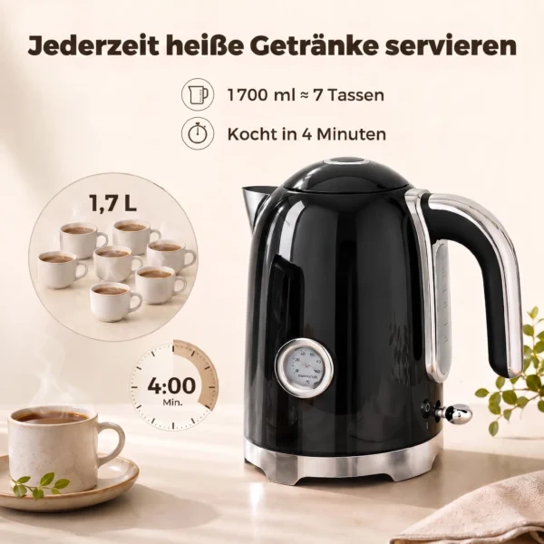 Waterkoker En Broodrooster Set Met Thermometer, 1,7 L, 2200 W Waterkoker, 2 Sneetjes Broodrooster Met 7 Bruiningsniveaus