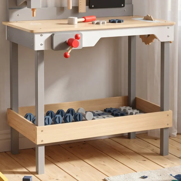 Werkbank Für Kinder 15 teilig Holz Werkzeugbank Mit Zubehör Uhr Werkzeugset Arbeitsplatte Schraubstock Kappsäge 3–6