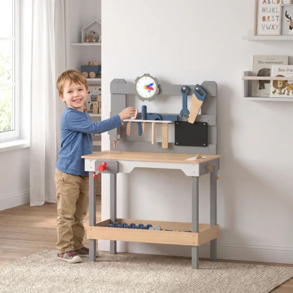 Werkbank Für Kinder 15 teilig Holz Werkzeugbank Mit Zubehör Uhr Werkzeugset Arbeitsplatte Schraubstock Kappsäge 3–6